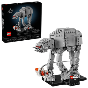 LEGO Star Wars AT-AT 75440 retail box beside the completed grey walker, Rebel Snowspeeder, black display stand and Star Wars nameplate.