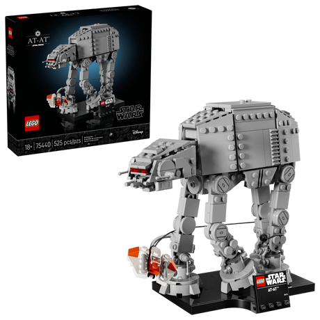 LEGO Star Wars AT-AT 75440 retail box beside the completed grey walker, Rebel Snowspeeder, black display stand and Star Wars nameplate.