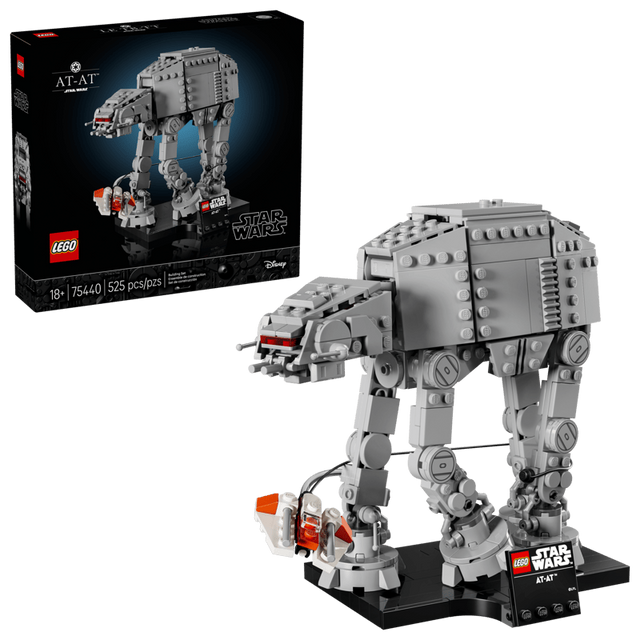 LEGO Star Wars AT-AT 75440 retail box beside the completed grey walker, Rebel Snowspeeder, black display stand and Star Wars nameplate.