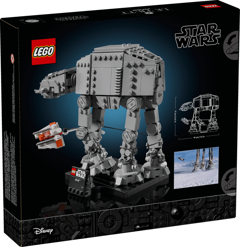 Rear of the LEGO Star Wars AT-AT 75440 box showing the completed walker, Snowspeeder, model dimensions diagram and Battle of Hoth film scene.