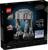 Rear of the LEGO Star Wars AT-AT 75440 box showing the completed walker, Snowspeeder, model dimensions diagram and Battle of Hoth film scene.