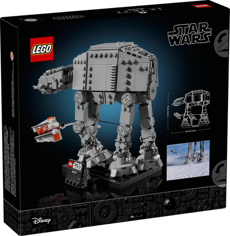 Rear of the LEGO Star Wars AT-AT 75440 box showing the completed walker, Snowspeeder, model dimensions diagram and Battle of Hoth film scene.