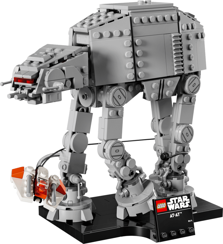 Completed LEGO Star Wars AT-AT Battle of Hoth display model featuring the grey Imperial walker, orange and white Snowspeeder, tow cable and black display base.