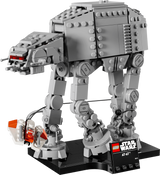 Completed LEGO Star Wars AT-AT Battle of Hoth display model featuring the grey Imperial walker, orange and white Snowspeeder, tow cable and black display base.
