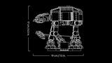 LEGO Star Wars AT-AT technical outline diagram on a black background showing the walker, Snowspeeder and display stand with dimensions of 17 cm high and 19 cm long.