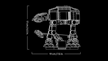 LEGO Star Wars AT-AT technical outline diagram on a black background showing the walker, Snowspeeder and display stand with dimensions of 17 cm high and 19 cm long.