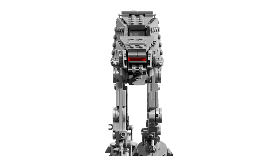 Front view of the LEGO Star Wars AT-AT walker showing its grey armoured head, red cockpit window, four mechanical legs and black display base.