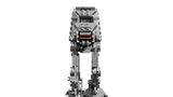 Front view of the LEGO Star Wars AT-AT walker showing its grey armoured head, red cockpit window, four mechanical legs and black display base.