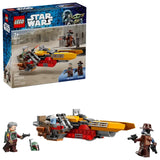 LEGO Star Wars Cobb Vanth’s Speeder set shown with the retail box beside the completed yellow, red, and grey speeder vehicle, with Cobb Vanth and Cad Bane minifigures positioned nearby