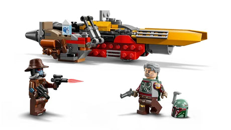 LEGO Star Wars speeder vehicle displayed on a white background with adjustable front vanes, rear engine details, and Cobb Vanth and Cad Bane minifigures placed in front on either side of the speeder