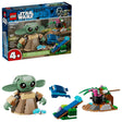 LEGO Star Wars Grogu’s Homestead set shown with the retail box beside the completed scene, featuring the Grogu figure, small blue catapult build, and the homestead fireplace area with accessories