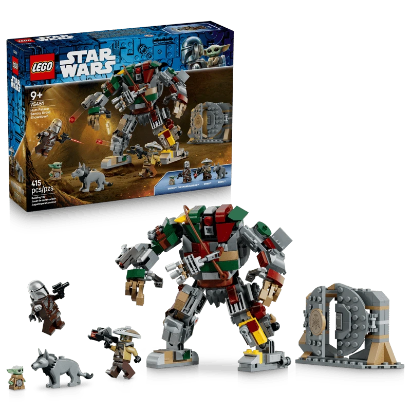 LEGO Star Wars Hutt Palace Sentry Droid Showdown 75451 box beside the completed playset and included characters