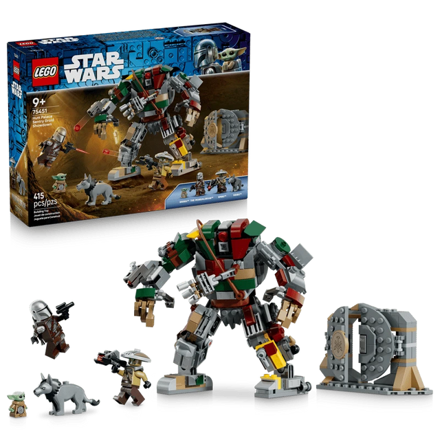 LEGO Star Wars Hutt Palace Sentry Droid Showdown 75451 box beside the completed playset and included characters