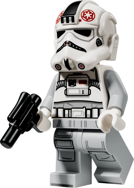 LEGO Star Wars AT-AT Driver minifigure from set 75454 wearing a white Imperial helmet with red insignia, grey armour and carrying a black blaster.