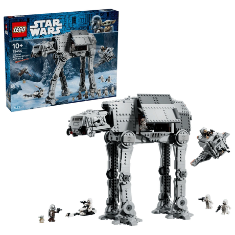 LEGO Star Wars Imperial Remnant AT-AT with INT-4 set 75454 showing the retail box alongside the assembled walker, escape pod and minifigures.