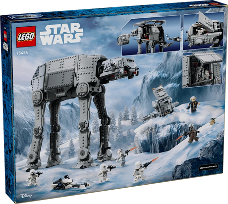 Rear packaging of LEGO Star Wars Imperial Remnant AT-AT with INT-4 set 75454 showing the walker in a snowy scene and close-up views of its features.