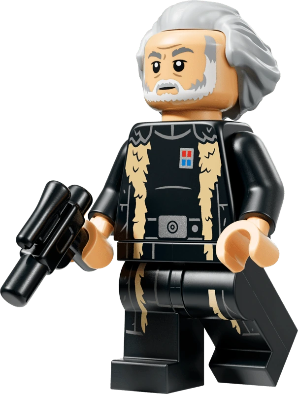 LEGO Star Wars Imperial Remnant Warlord minifigure from set 75454 featuring grey hair, a white beard, black Imperial uniform and blaster.