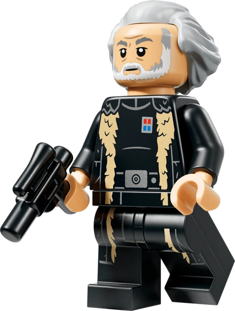 LEGO Star Wars Imperial Remnant Warlord minifigure from set 75454 featuring grey hair, a white beard, black Imperial uniform and blaster.