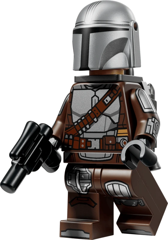 LEGO Star Wars The Mandalorian minifigure from set 75454 wearing silver Beskar armour, a metallic helmet and carrying a black blaster.
