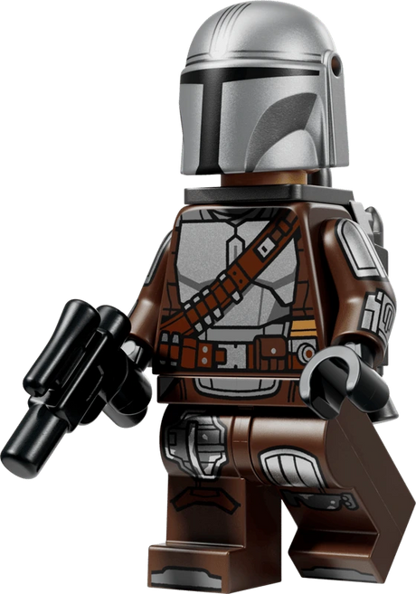LEGO Star Wars The Mandalorian minifigure from set 75454 wearing silver Beskar armour, a metallic helmet and carrying a black blaster.