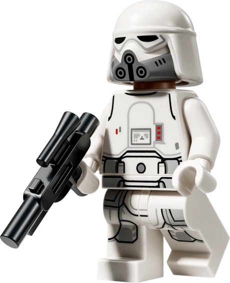 LEGO Star Wars Imperial Remnant Snowtrooper minifigure from set 75454 wearing white armour and a helmet with a grey face mask, holding a black blaster.