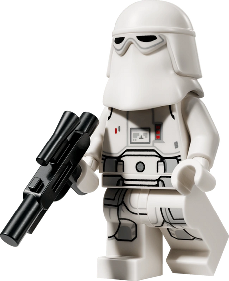LEGO Star Wars Snowtrooper minifigure from set 75454 wearing white armour, a long white protective helmet covering the face and carrying a black blaster.