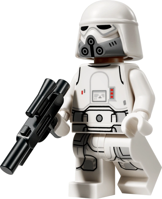 LEGO Star Wars Imperial Remnant Snowtrooper minifigure from set 75454 featuring white body armour, a white helmet with grey breathing apparatus and a black blaster.