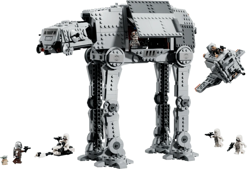 LEGO Star Wars Imperial Remnant AT-AT with INT-4 set 75454 featuring the assembled walker, escape pod, speeder bike and characters.