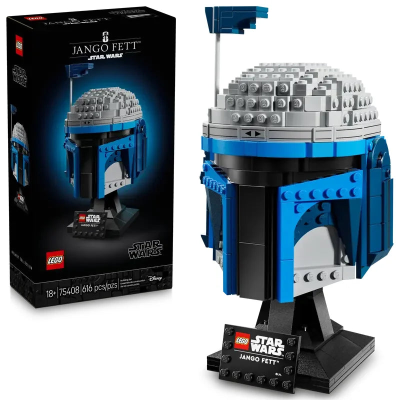 LEGO Jango Fett helmet set shown with the completed model and branded box on a white background