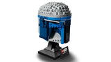 Jango Fett LEGO helmet model on a white background with stand and nameplate