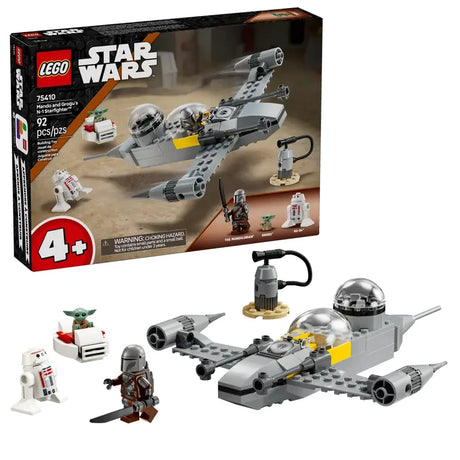 LEGO Star Wars N-1 Starfighter with The Mandalorian minifigure, Grogu in hover pram, R5-D4 droid and fuel station on white background