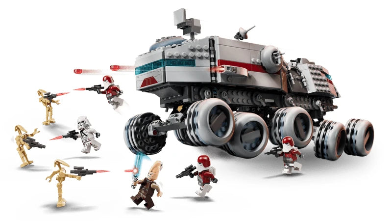 Rear three quarter view of the LEGO Republic Juggernaut surrounded by Ki-Adi-Mundi, clone troopers and battle droids with weapons