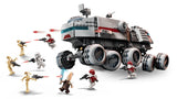 Rear three quarter view of the LEGO Republic Juggernaut surrounded by Ki-Adi-Mundi, clone troopers and battle droids with weapons