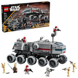 LEGO Star Wars Republic Juggernaut retail box above the completed ten wheel vehicle with its eight figures arranged around it
