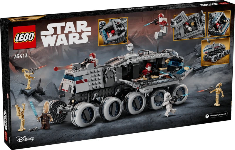 Back of the LEGO Star Wars Republic Juggernaut box showing the vehicle with open side panels, interior seating, cockpits and rotating turret