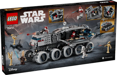 Back of the LEGO Star Wars Republic Juggernaut box showing the vehicle with open side panels, interior seating, cockpits and rotating turret
