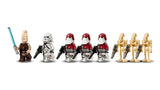 Ki-Adi-Mundi with a blue lightsaber, one white clone trooper, three red and white clone troopers and three tan battle droids