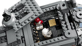 Overhead view inside the LEGO Republic Juggernaut showing two clone troopers, black seating and a rack of blasters