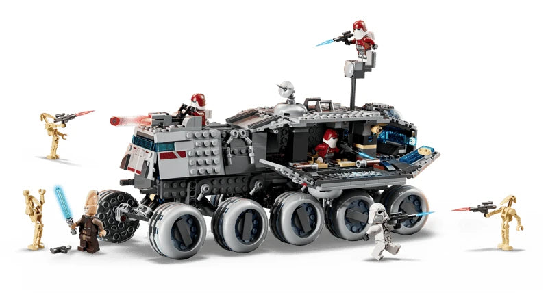 LEGO Republic Juggernaut with the side panels folded down to reveal clone troopers seated inside the main compartment