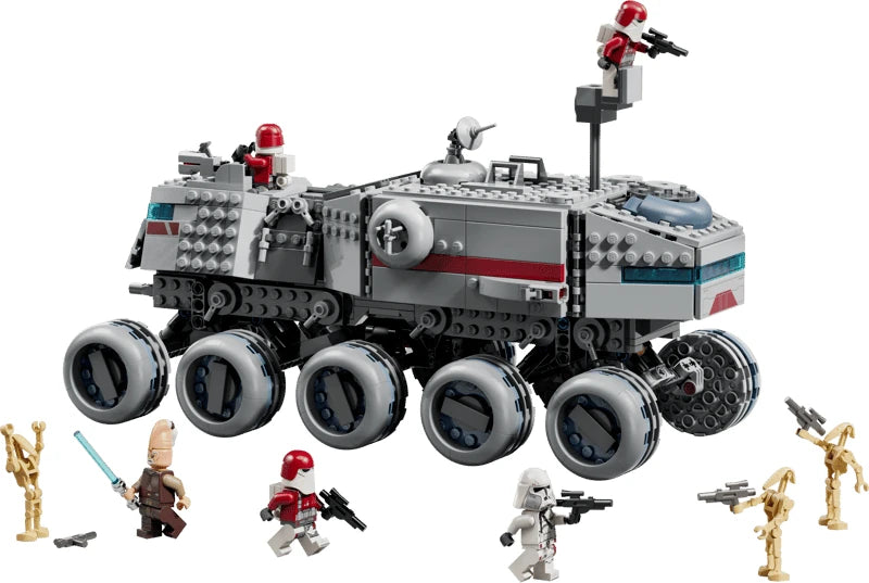 LEGO Star Wars Republic Juggernaut with ten wheels, raised observation post, Ki-Adi-Mundi, clone troopers and three battle droids