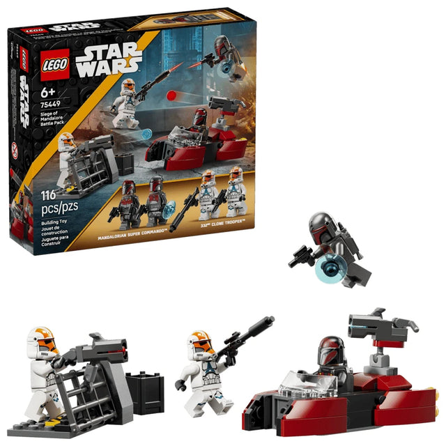 LEGO Star Wars Siege of Mandalore Battle Pack set shown with the retail box beside the completed builds, including the Mandalorian speeder, Clone Trooper barricade, and minifigures arranged around the scene