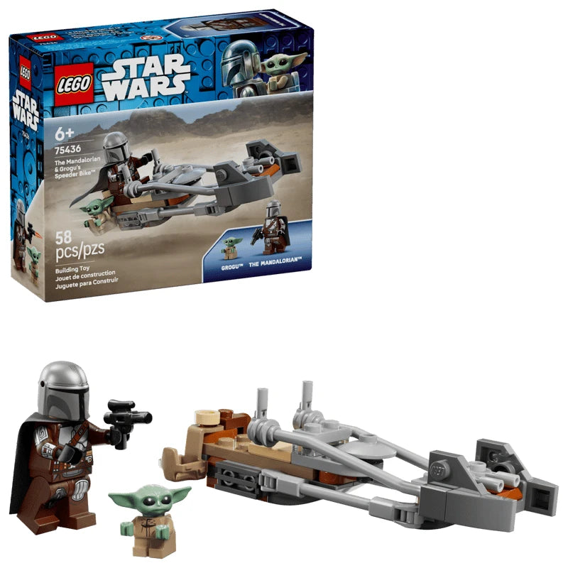 LEGO Star Wars The Mandalorian and Grogu’s Speeder Bike set shown with the retail box beside the completed grey and tan speeder bike, The Mandalorian minifigure holding a blaster, and the Grogu figure standing separately