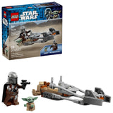 LEGO Star Wars The Mandalorian and Grogu’s Speeder Bike set shown with the retail box beside the completed grey and tan speeder bike, The Mandalorian minifigure holding a blaster, and the Grogu figure standing separately
