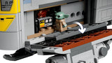 Grogu standing inside the open cargo compartment of the LEGO Razor Crest beside a control panel with the side ramp lowered