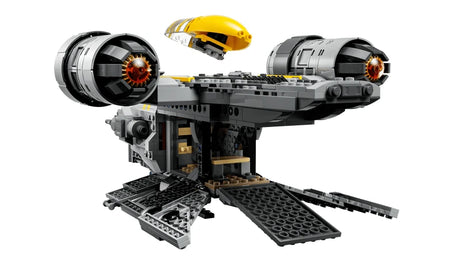 Rear view of the LEGO Star Wars The Razor Crest with the cockpit canopy removed, rear ramp lowered, side ramps open and cargo interior visible
