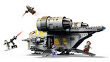 Side view of the LEGO Razor Crest with its ramp lowered, Grogu on top, The Mandalorian flying above and minifigures positioned around the ship