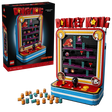 LEGO Super Mario Donkey Kong Arcade 72051 box beside the completed arcade model and orange barrels