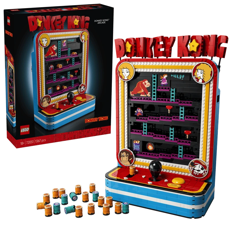 LEGO Super Mario Donkey Kong Arcade 72051 box beside the completed arcade model and orange barrels