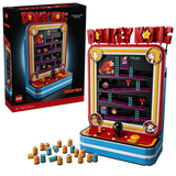 LEGO Super Mario Donkey Kong Arcade 72051 box beside the completed arcade model and orange barrels