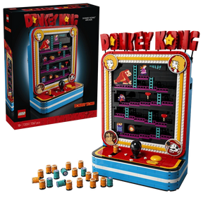 LEGO Super Mario Donkey Kong Arcade 72051 box beside the completed arcade model and orange barrels